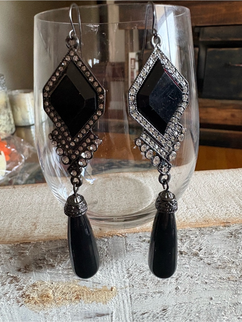 Elegant Black Crystal Drop Statement Earrings — Costume Jewelry
